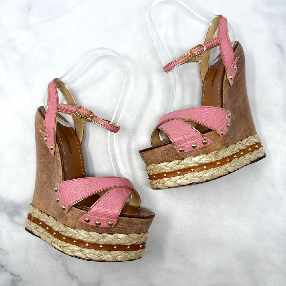 Dolce & Gabbana Vintage Y2K Leather Wooden Chunky Platform Wedge Sandal Heels 36